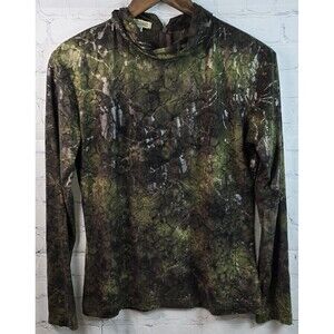 Vintage Baxis & Baxis Women's Mock Neck Green Brown Back Zip Blouse Size M USA